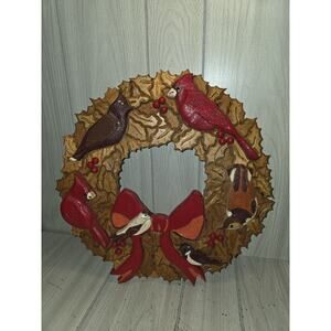 Vtg 2004 Handmade Wood Christmas Wreath Cardinals Birds Holiday Farmhouse 15"0
